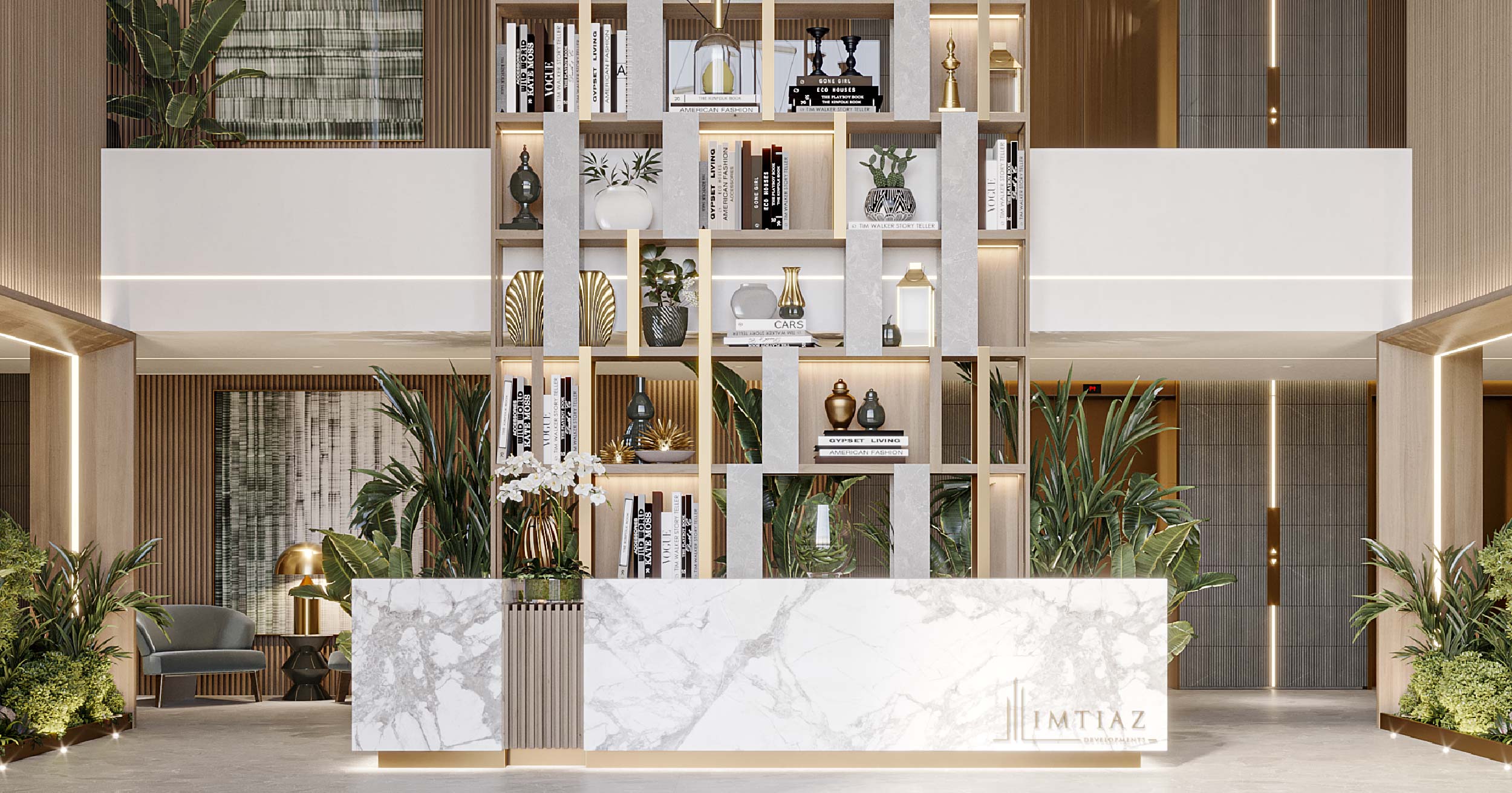 Westwood By Imtiaz Modern reception area featuring a marble desk, decorative shelves, plants, and stylish lighting.
